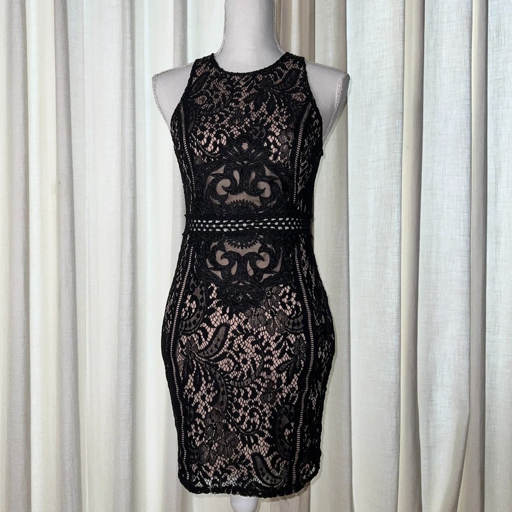 Sexy black lace-over-nude sleeveless cocktail dress, Size M